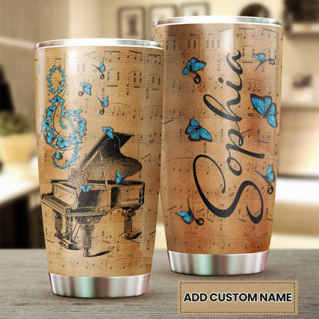 Camellia Personalized Blue Butterfly Piano Stainless Steel Tumbler - Double-Walled Insulation Vacumm Flask - Gift For Thanksgiving, Memorial Day, Piano Lovers