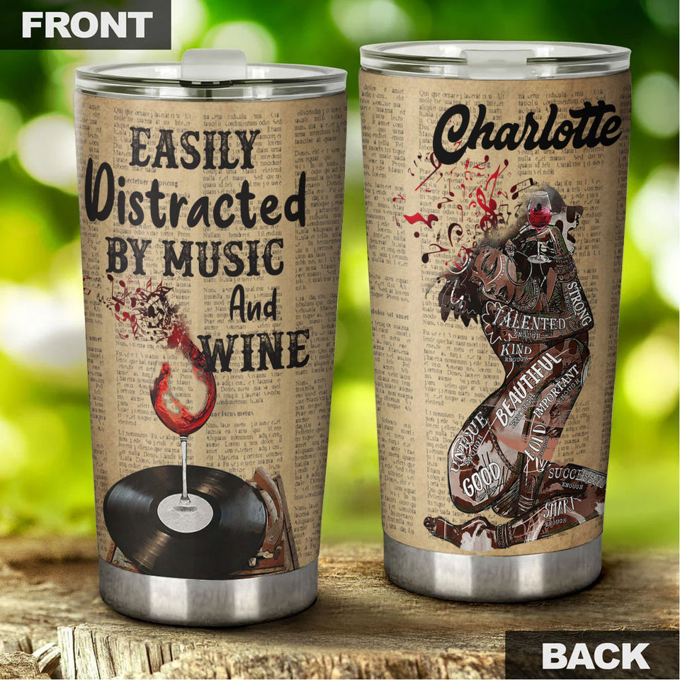 Camellia Personalized Black Woman Easily Distracted By Music And Wine  Stainless Steel Tumbler-Thermal Flask Travel Therma Cup With Lid Gift For Black Woman