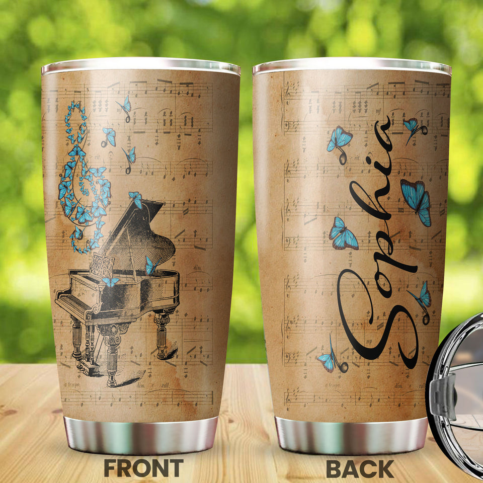Camellia Personalized Blue Butterfly Piano Stainless Steel Tumbler - Double-Walled Insulation Vacumm Flask - Gift For Thanksgiving, Memorial Day, Piano Lovers