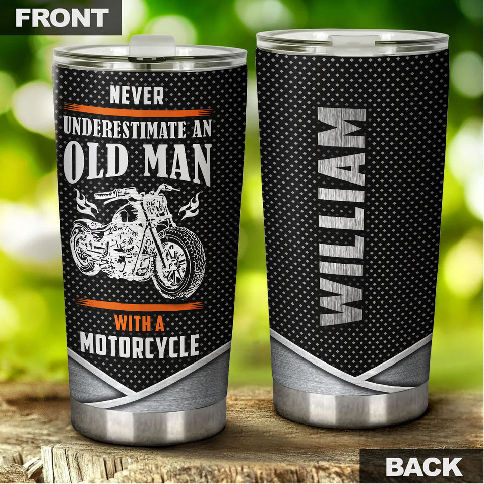 Camellia Personalized Never Underestimate An Old Man with A Motorcycle Stainless Steel Tumbler-Double-Walled Insulation Cup With Lid Gift For Grandfa