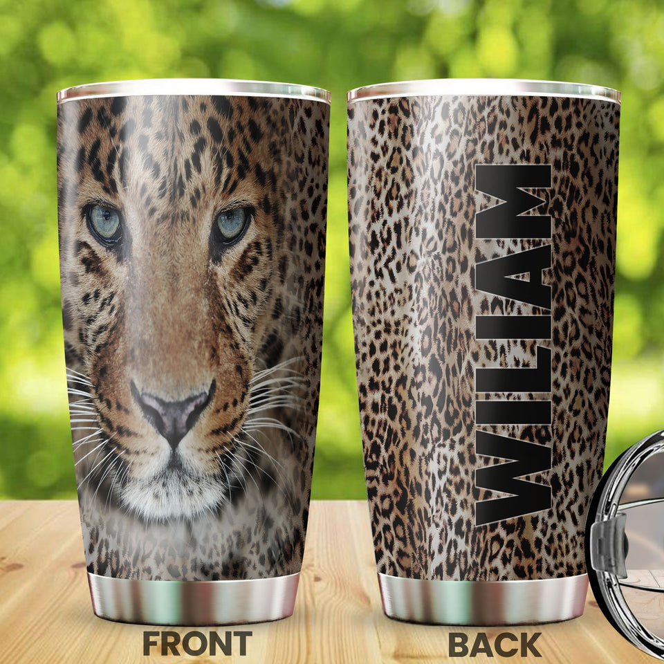 Camellia Personalized Leopard Fur Leather Style Stainless Steel Tumbler-Double-Walled Insulation Travel Cup With Lid