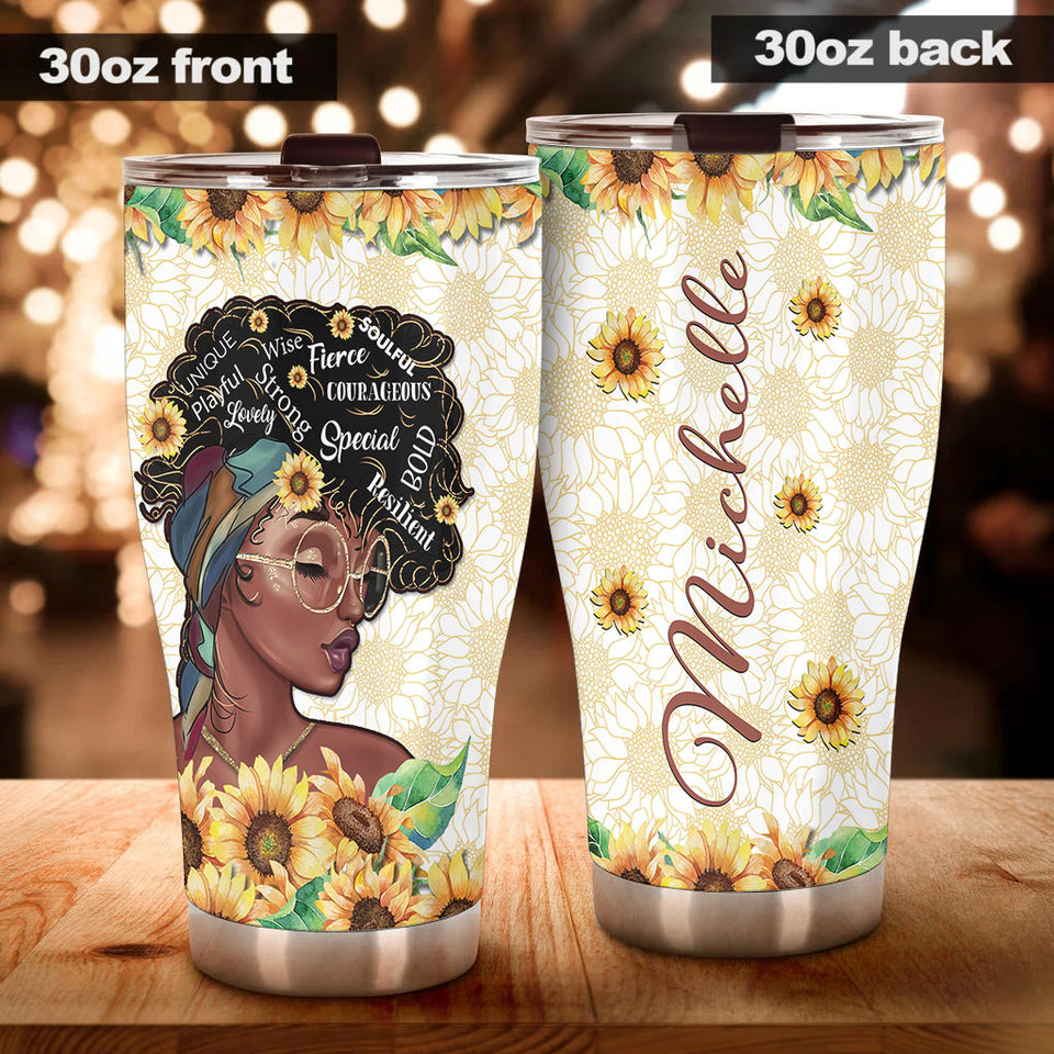 Camellia Personalized Black Women Sunflower Stainless Steel Tumbler - Double-Walled Insulation Vacumm Flask - Gift For Black Queen, International Women's Day, Hippie Girls