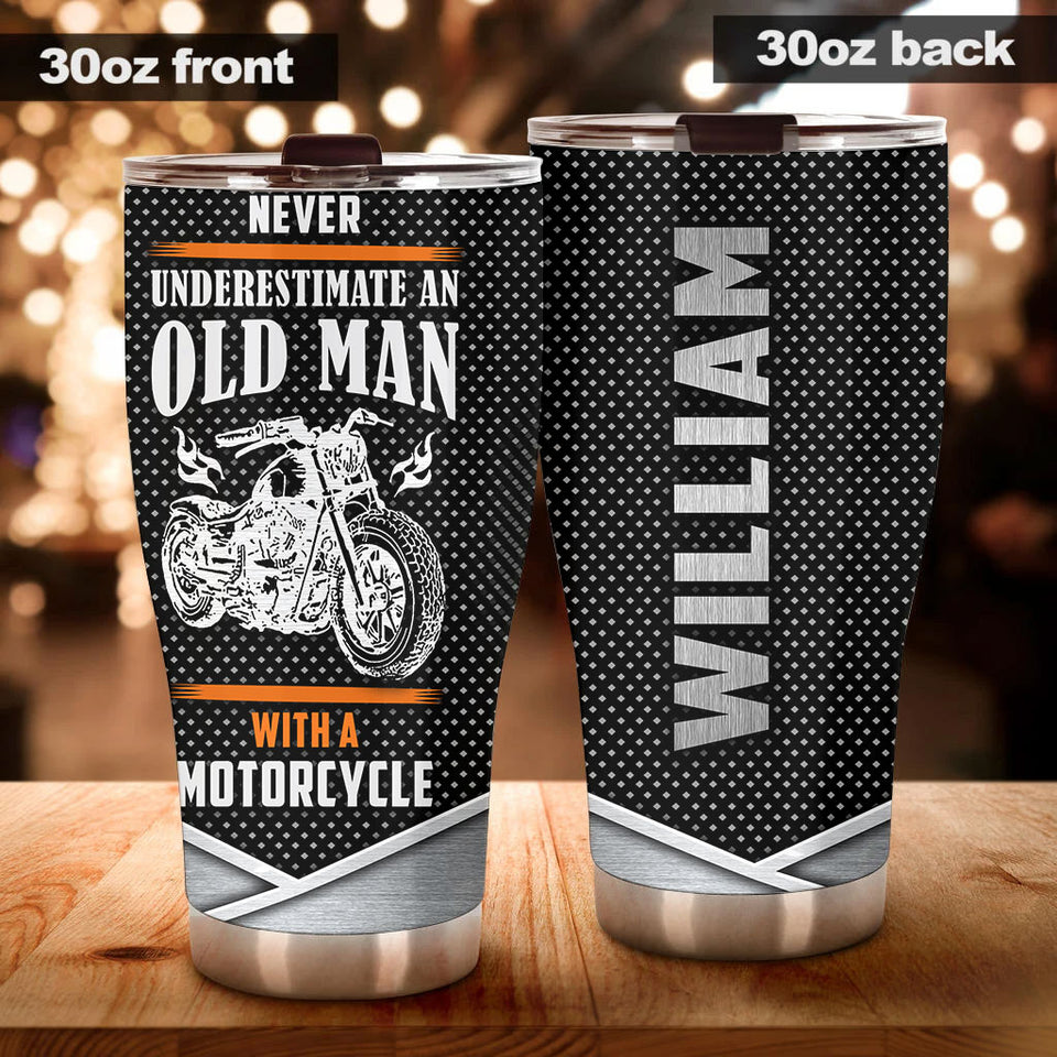 Camellia Personalized Never Underestimate An Old Man with A Motorcycle Stainless Steel Tumbler-Double-Walled Insulation Cup With Lid Gift For Grandfa