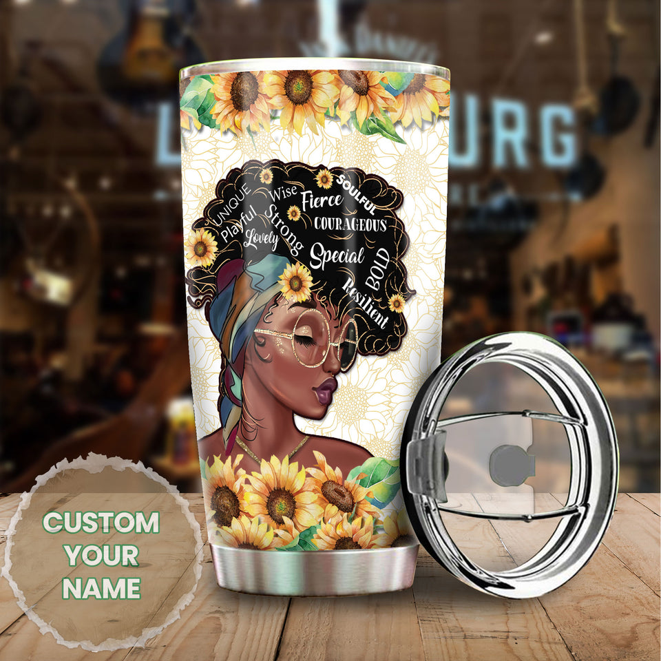 Camellia Personalized Black Women Sunflower Stainless Steel Tumbler - Double-Walled Insulation Vacumm Flask - Gift For Black Queen, International Women's Day, Hippie Girls