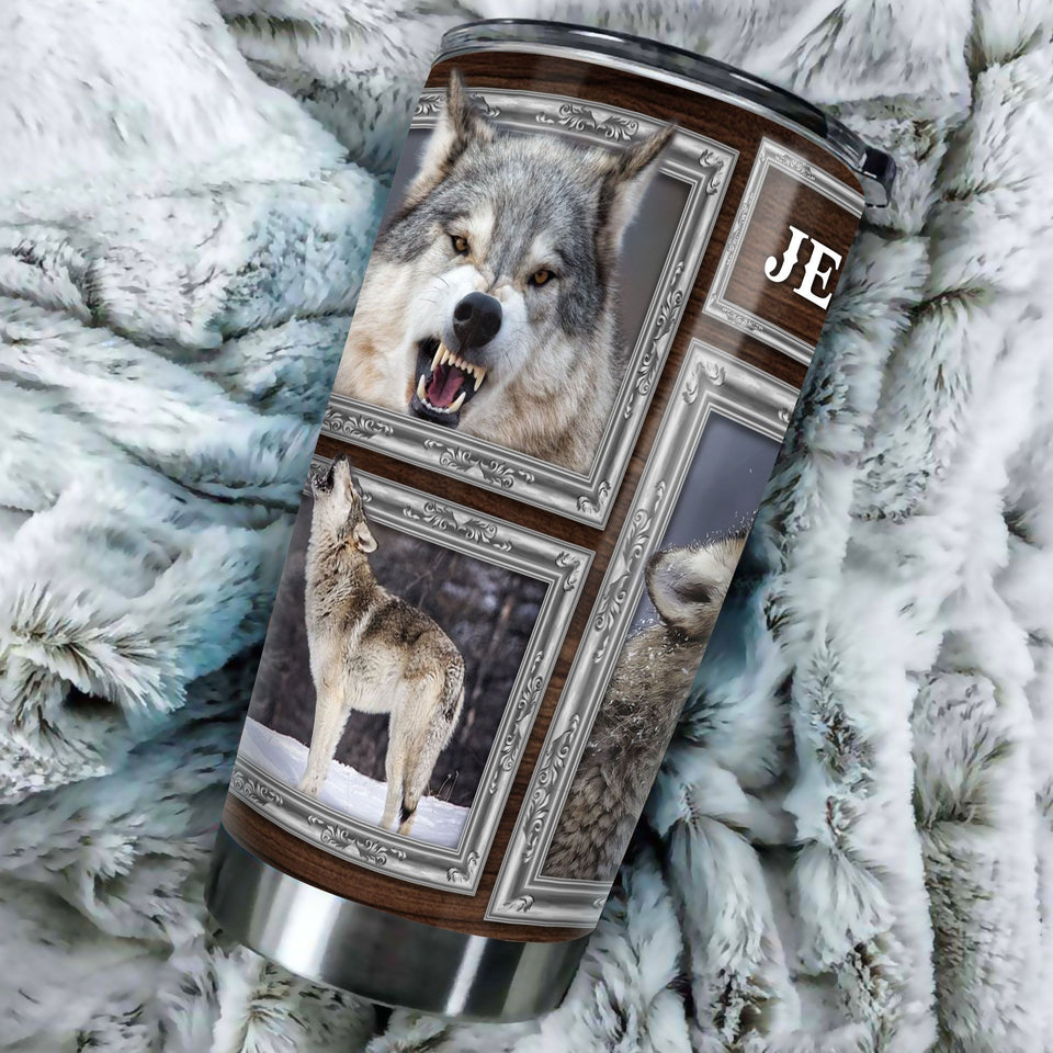 Camellia Personalized 3D Grey Wolf Picture Stainless Steel Tumbler - Customized Double-Walled Insulation Travel Thermal Cup With Lid