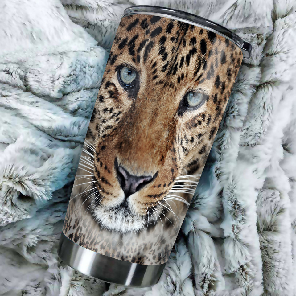 Camellia Personalized Leopard Fur Leather Style Stainless Steel Tumbler-Double-Walled Insulation Travel Cup With Lid