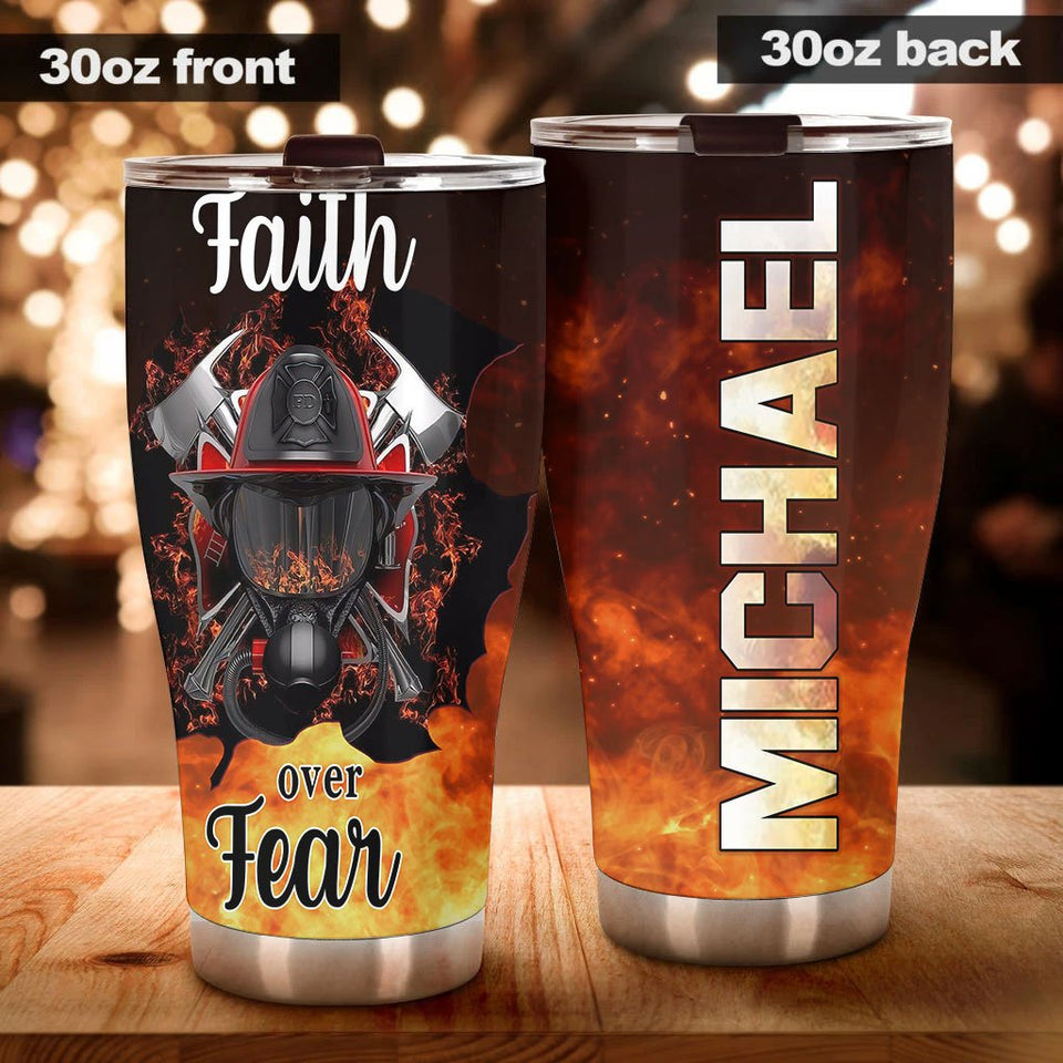 Camellia Personalized Firefighter Faith Over Faith Red Stainless Steel Tumbler-Double-Walled Insulation Gift For Firefighter Fireman