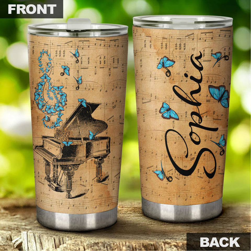 Camellia Personalized Blue Butterfly Piano Stainless Steel Tumbler - Double-Walled Insulation Vacumm Flask - Gift For Thanksgiving, Memorial Day, Piano Lovers