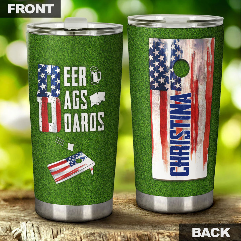 Camellia Personalized Beer Bag USA FLag Stainless Steel Tumbler - Double-Walled Insulation Vacumm Flask - Gift For Beer Lovers, International Beer's Day
