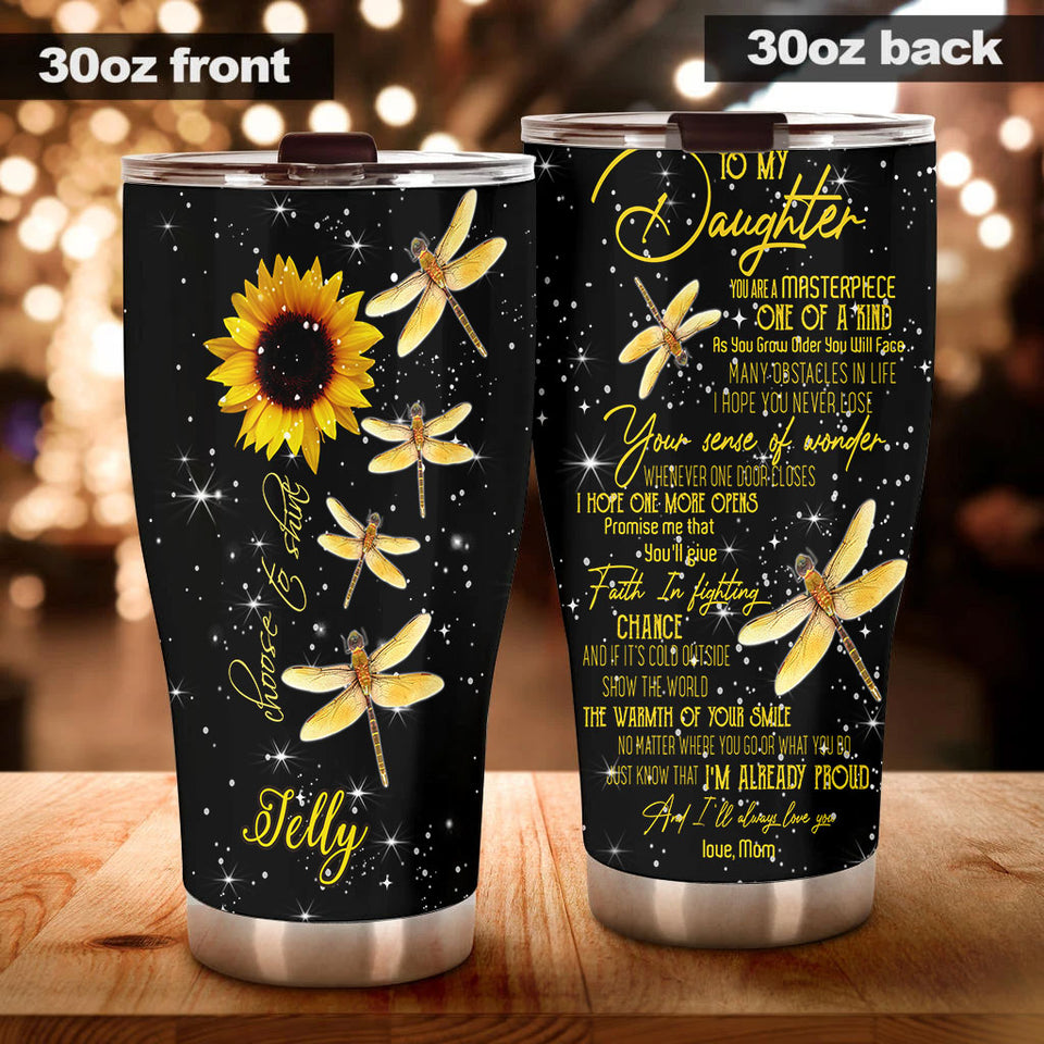 Camellia Personalized Dragonfly Sunflower To My Daughter I Always Love You Stainless Steel Tumbler - Customized Double-Walled Insulation Travel Thermal Cup With Lid