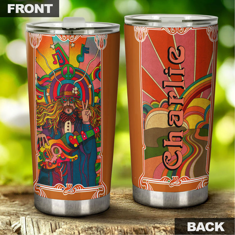 Camellia Personalized Hippie Rock And Roll Man with Guitar Stainless Steel Tumbler-Sweat-Proof Double Wall Travel Cup With Lid Gift For Rock Music Fan