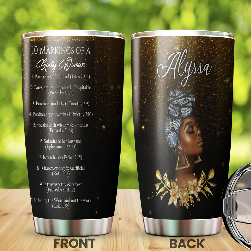 Camellia Personalized Black Woman 10 Markings Of A God Woman Stainless Steel Tumbler - Double-Walled Insulation Vacumm Flask - Gift For Black Queen, International Women's Day, Hippie Girls