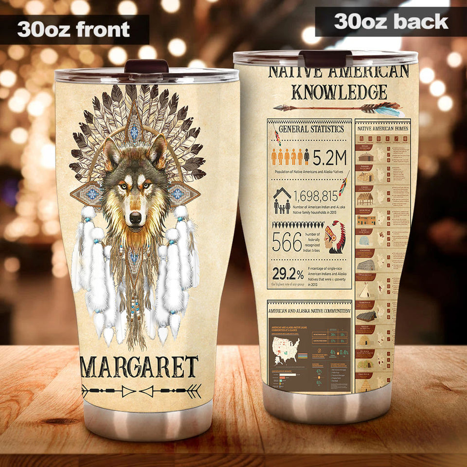Camellia Persionalized 3D Wolf Native American Stainless Steel Tumbler - Customized Double - Walled Insulation Travel Thermal Cup With Lid Gift For Wolf Lover