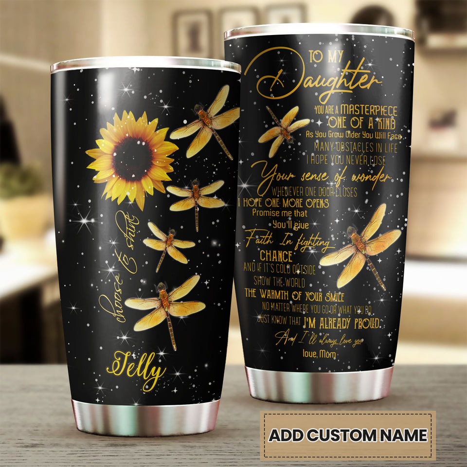 Camellia Personalized Dragonfly Sunflower To My Daughter I Always Love You Stainless Steel Tumbler - Customized Double-Walled Insulation Travel Thermal Cup With Lid