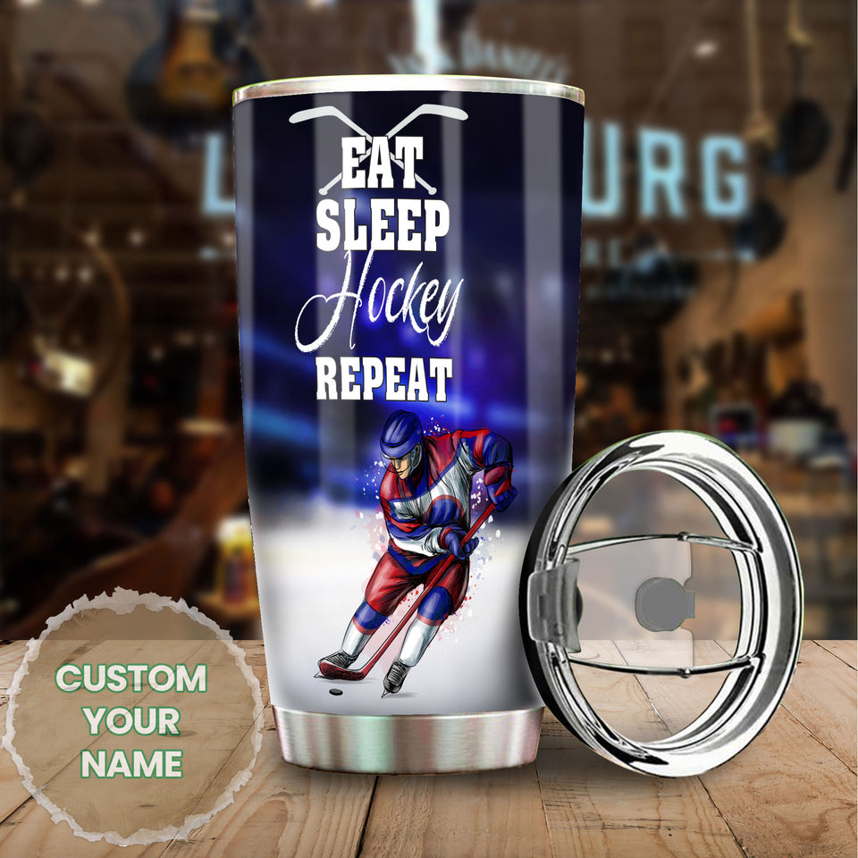 Camellia Personalized Eat Sleep Hockey Repeat Stainless Steel Tumbler-Double-Walled Insulation  Cup With Lid Gift For Hockey Player