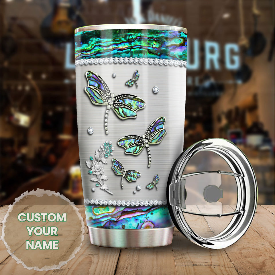 Camellia Personalized Dragonfly Jewelry Style Stainless Steel Tumbler - Customized Double-Walled Insulation Travel Thermal Cup  With Lid Gift For Dragonfly Lover