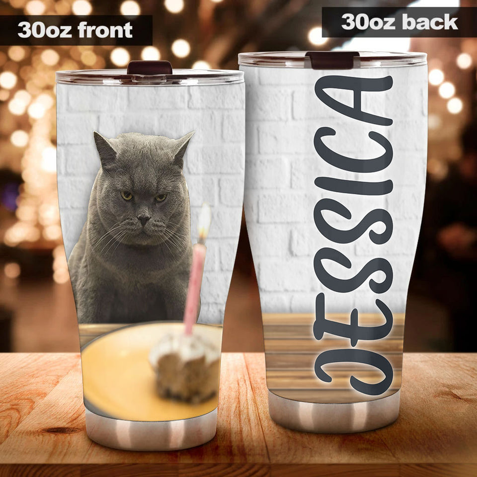 Camellia Personalized British Shorthair Cat Birthday Stainless Steel Tumbler - Double-Walled Insulation Vacumm Flask - Gift For Bristish Shorthair Lovers, International Cat Day