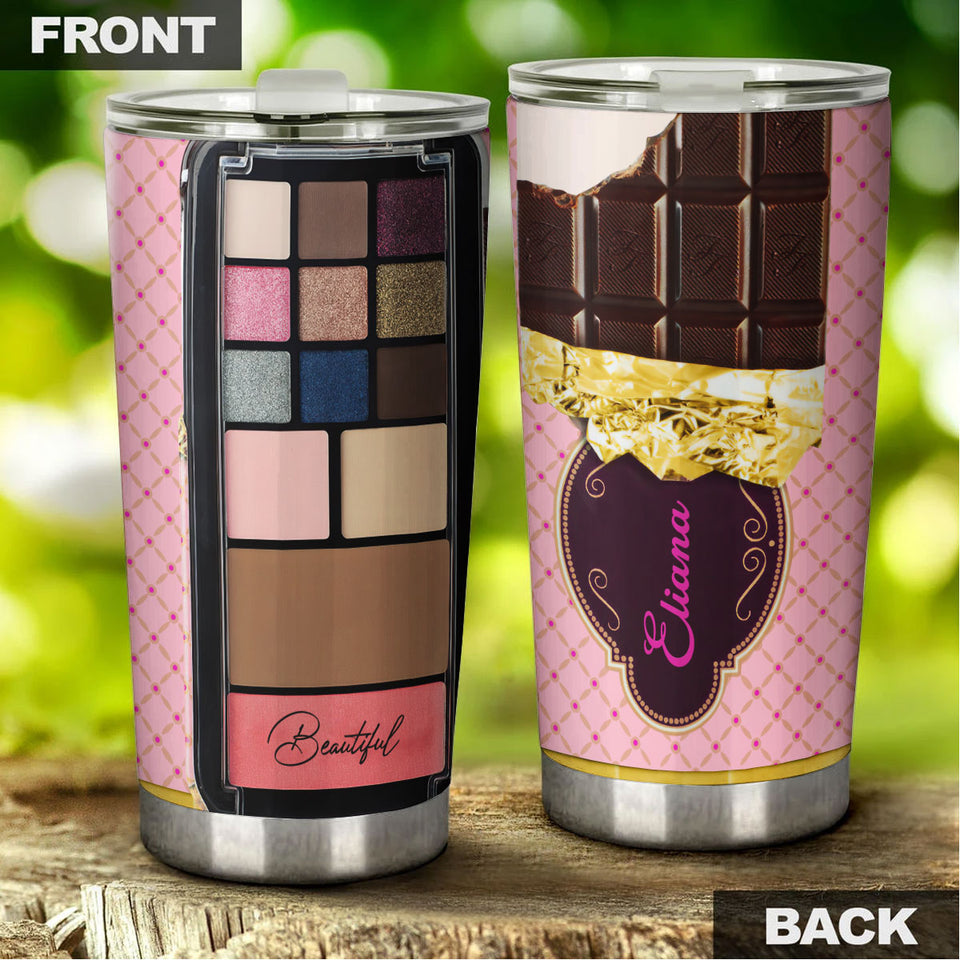 Camellia Personalized Chocolate Eye Shadow Palette Stainless Steel Tumbler - Customized Double-Walled Insulation Travel Thermal Cup With Lid Gift For Makeup Lover Girl