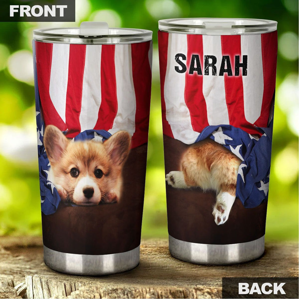 Camellia Personalized 3D Corgi American Flag Stainless Steel Tumbler - Customized Double-Walled Insulation Travel Thermal Cup With Lid