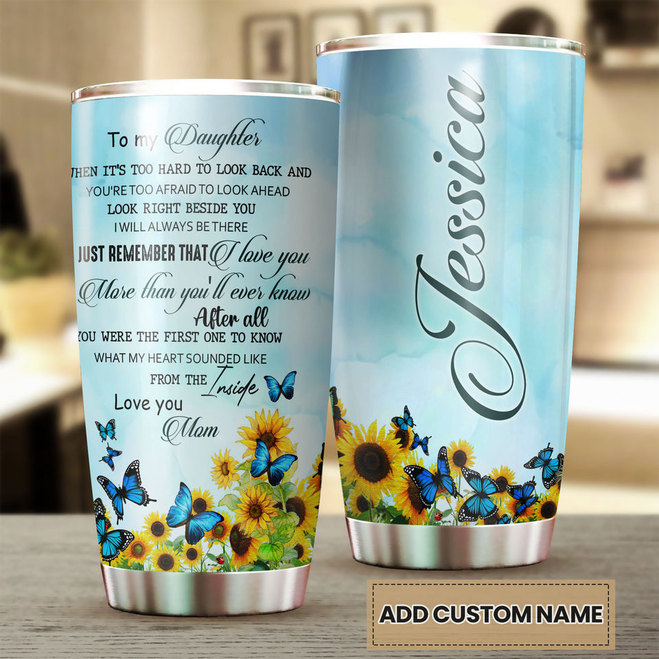 Camellia Personalized Blue Butterfly Mom To Daughter Stainless Steel Tumbler - Double-Walled Insulation Vacumm Flask - For Thanksgiving, Memorial Day, Daughter's Gift