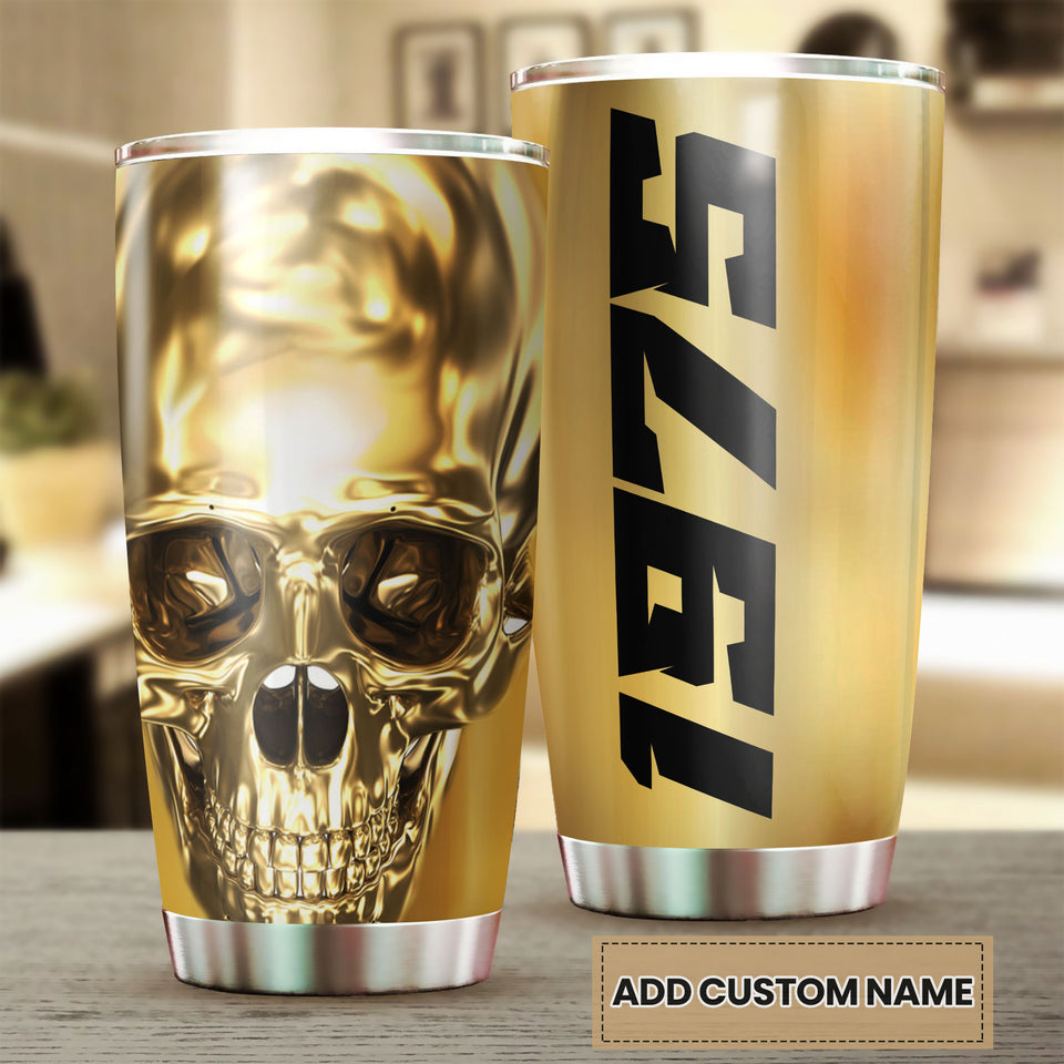 Camellia Persionalized 3D Golden Skull Stainless Steel Tumbler - Customized Double - Walled Insulation Thermal Cup With Lid