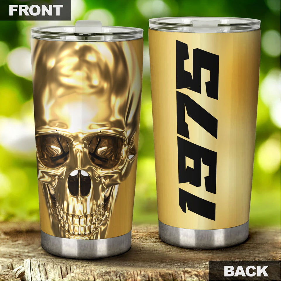 Camellia Persionalized 3D Golden Skull Stainless Steel Tumbler - Customized Double - Walled Insulation Thermal Cup With Lid