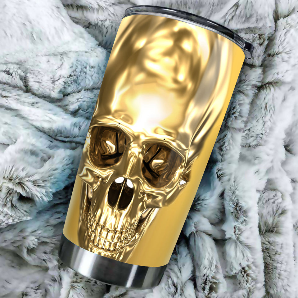 Camellia Persionalized 3D Golden Skull Stainless Steel Tumbler - Customized Double - Walled Insulation Thermal Cup With Lid