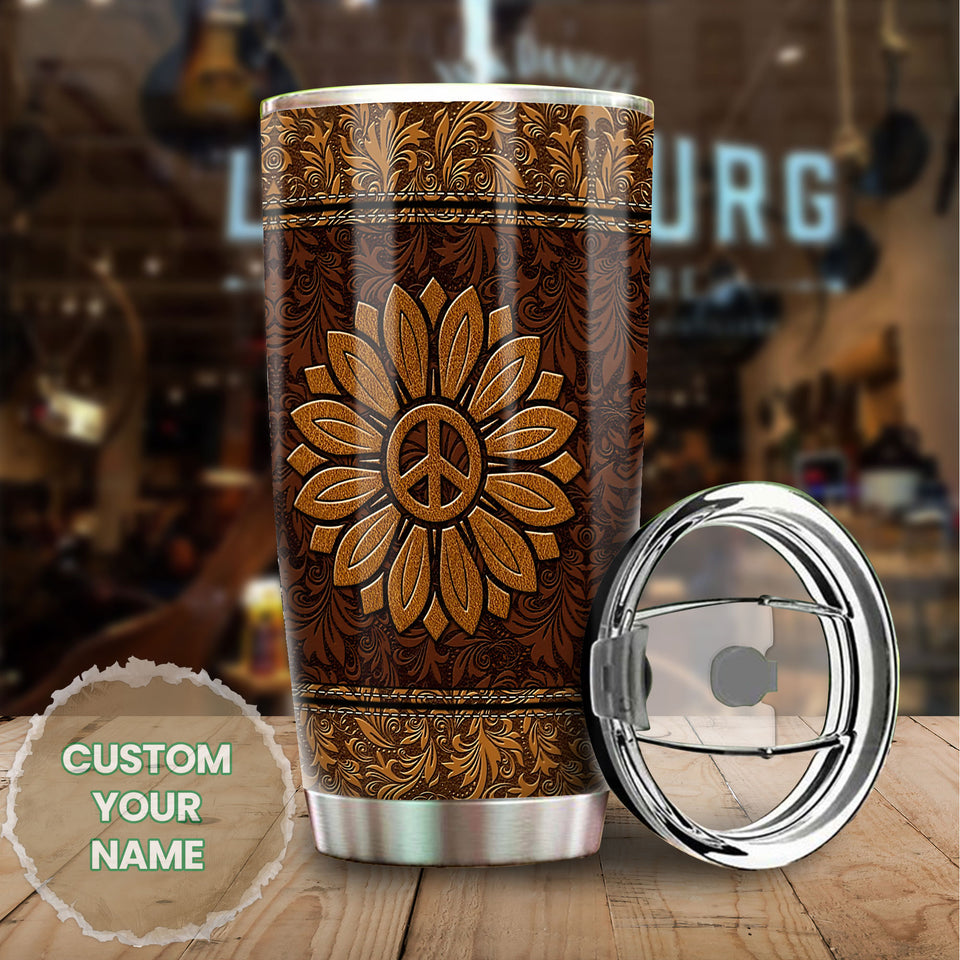 Camellia Persionalized Sunflower Leather Style Stainless Steel Tumbler - Customized Double - Walled Insulation Travel Thermal Cup With Lid