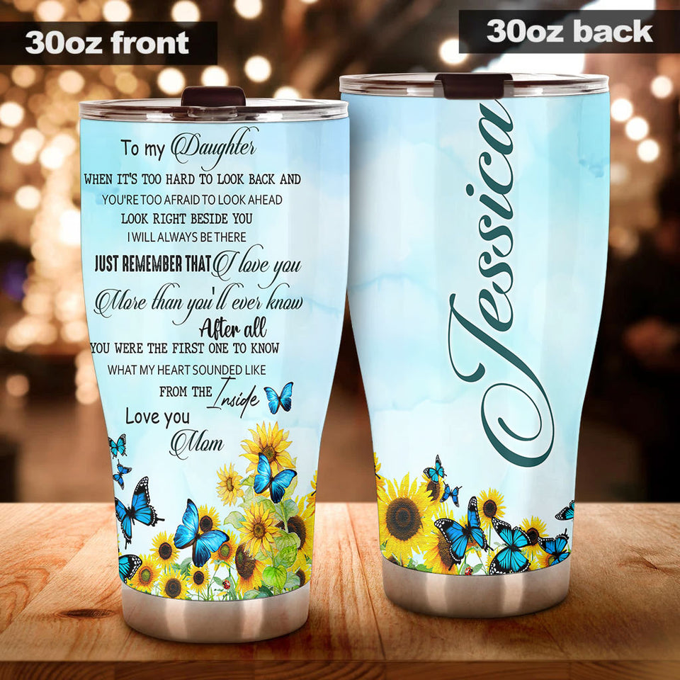 Camellia Personalized Blue Butterfly Mom To Daughter Stainless Steel Tumbler - Double-Walled Insulation Vacumm Flask - For Thanksgiving, Memorial Day, Daughter's Gift