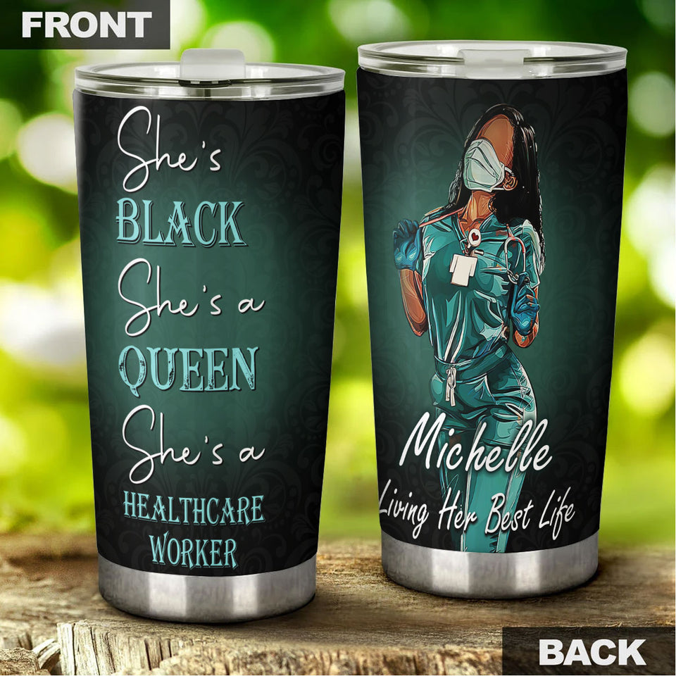 Camellia Personalized Black Nurse Stainless Steel Tumbler - Double-Walled Insulation Vacumm Flask - Gift For Black Queen, International Women's Day, Nurse's Day
