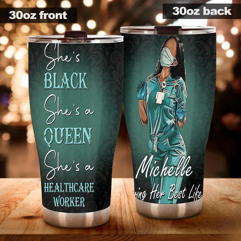 Camellia Personalized Black Nurse Stainless Steel Tumbler - Double-Walled Insulation Vacumm Flask - Gift For Black Queen, International Women's Day, Nurse's Day