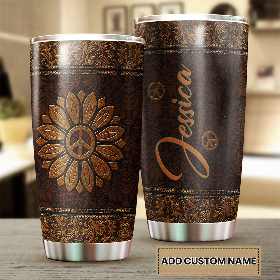 Camellia Persionalized Sunflower Leather Style Stainless Steel Tumbler - Customized Double - Walled Insulation Travel Thermal Cup With Lid