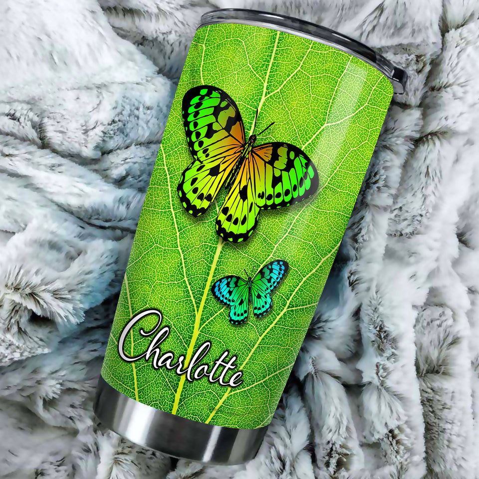 Camellia Personalized Butterfly On Leaf Stainless Steel Tumbler - Double-Walled Insulation Vacumm Flask - For Thanksgiving, Memorial Day, Christians, Christmas Gift