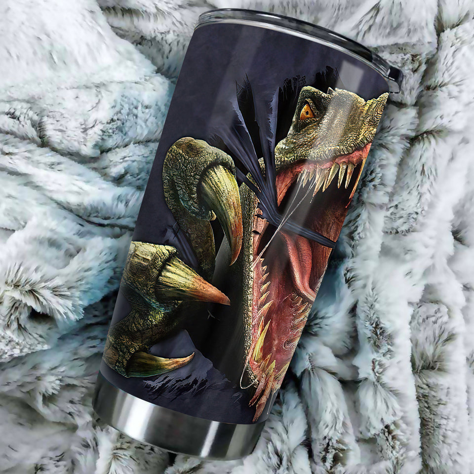 Camellia Personalized 3D Angry Dinosaur Stainless Steel Tumbler - Customized Double-Walled Insulation Travel Thermal Cup With Lid Gift For Dinosaur Lover