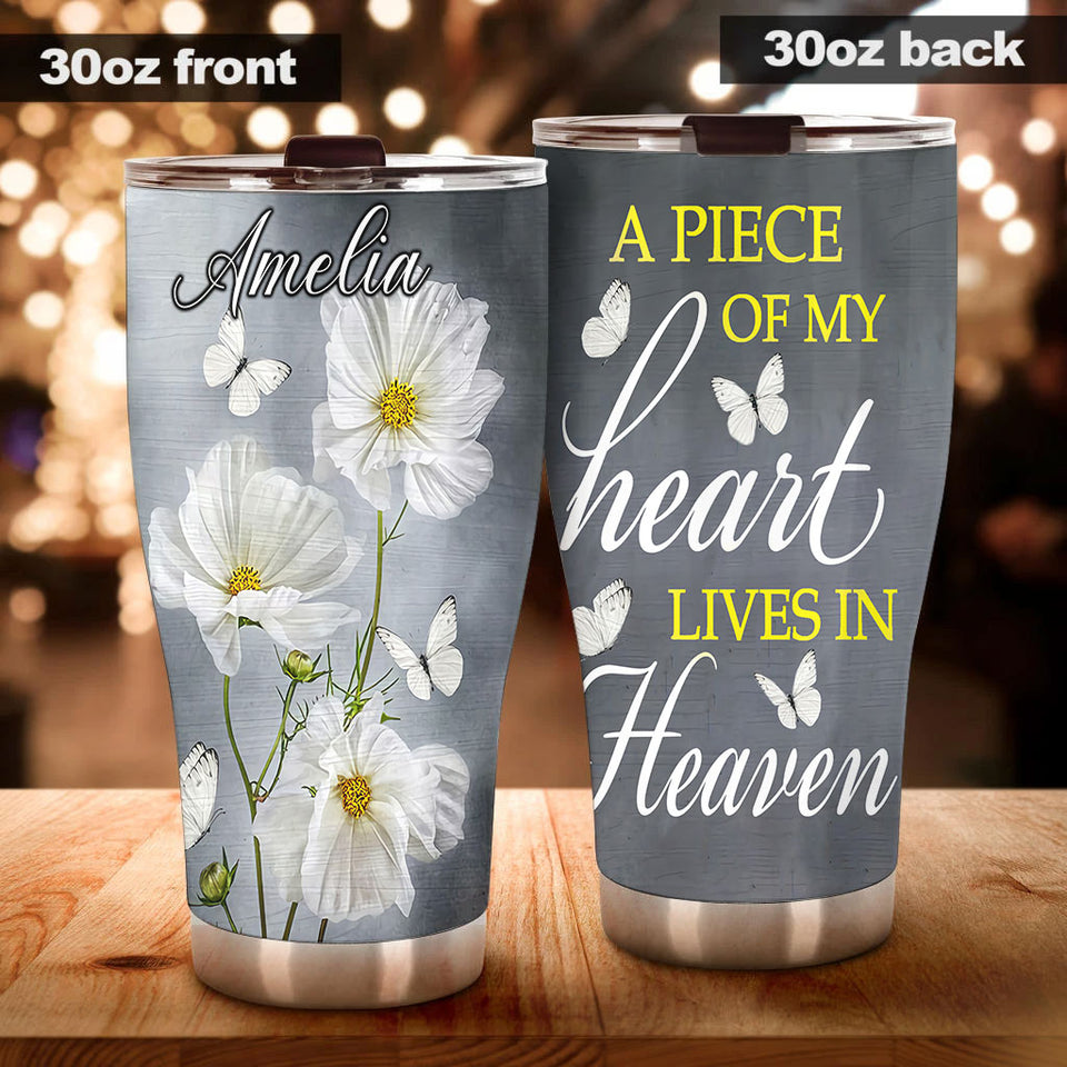 Camellia Personalized White Flower Butterfly A Piece Of My Heart Lives In Heaven Stainless Steel Tumbler - Customized Double-Walled Insulation Travel Thermal Cup With Lid