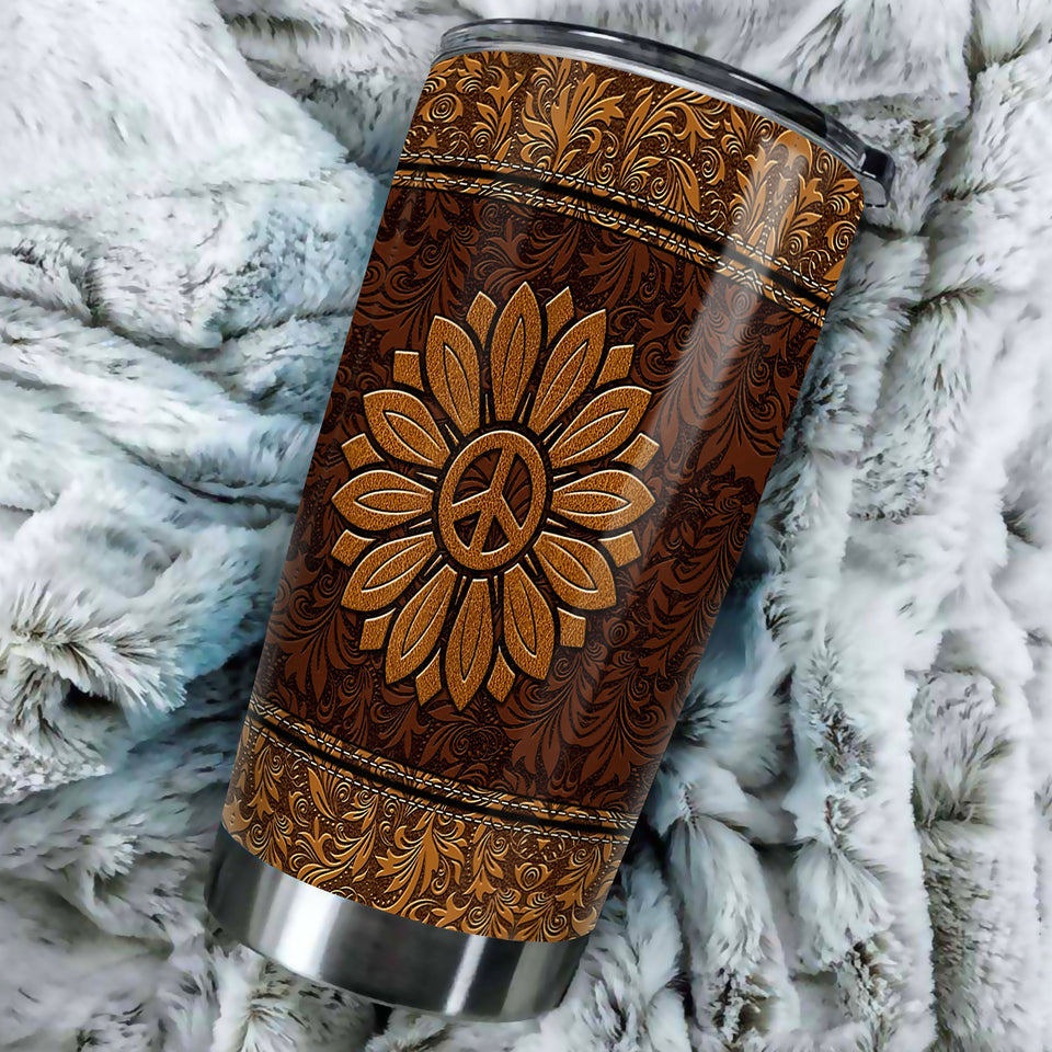 Camellia Persionalized Sunflower Leather Style Stainless Steel Tumbler - Customized Double - Walled Insulation Travel Thermal Cup With Lid