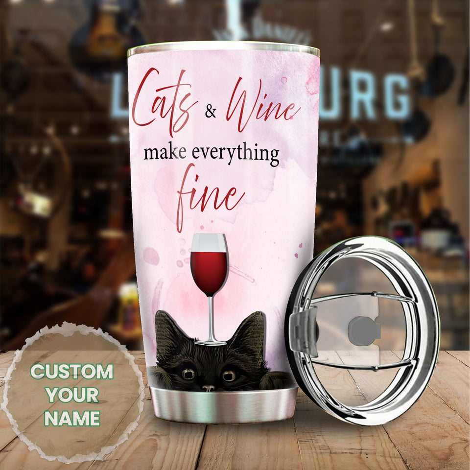 Camellia Persionalized 3D Girl Cat And Wine Make Everything Fine Stainless Steel Tumbler - Customized Double - Walled Insulation Travel Thermal Cup With Lid Gift For Wine Lover Cat Lover