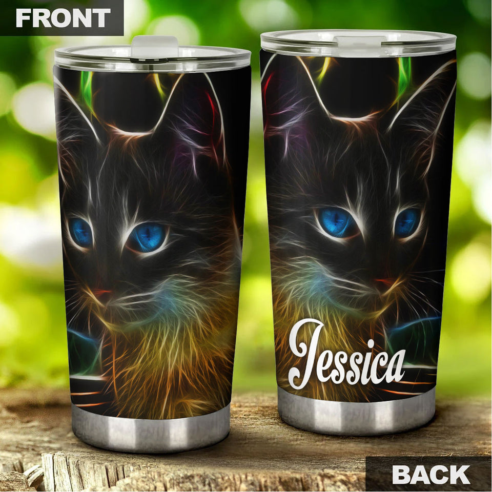 Camellia Personalized 3D Colorful Black Cat Face Stainless Steel Tumbler-Double-Walled Insulation Gift For Cat Lover Mom Cat