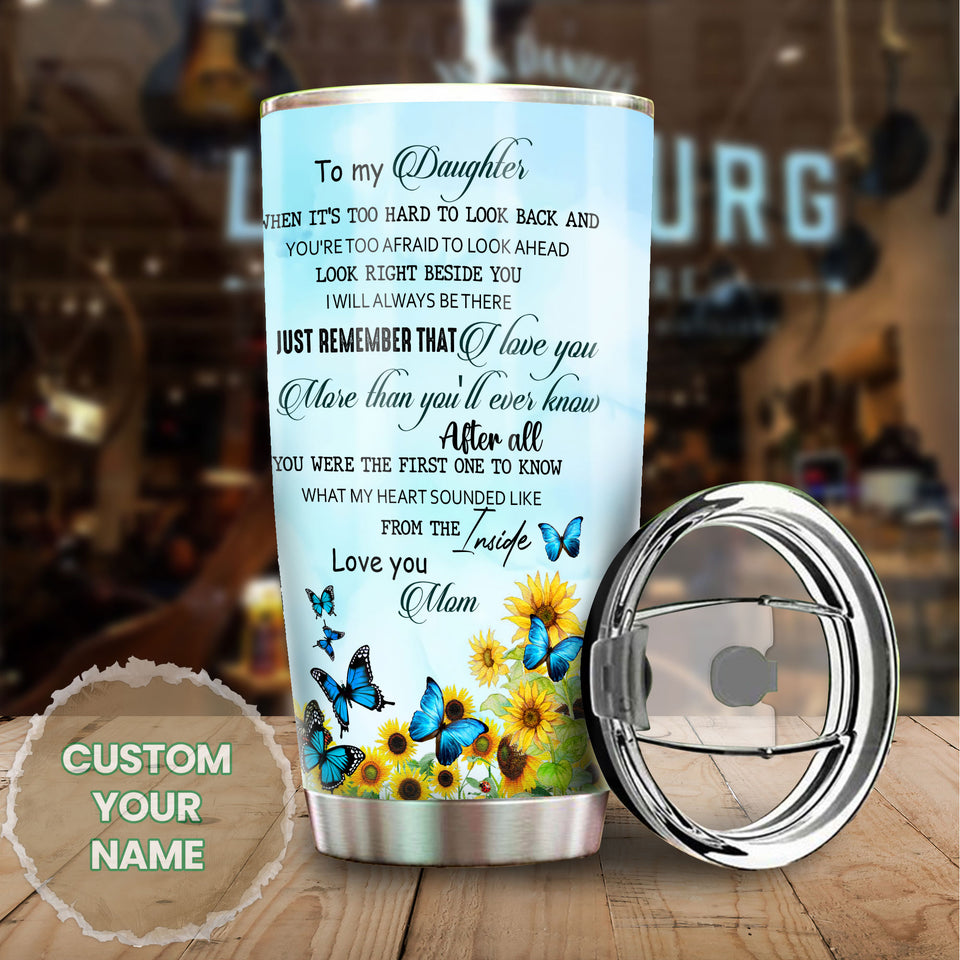 Camellia Personalized Blue Butterfly Mom To Daughter Stainless Steel Tumbler - Double-Walled Insulation Vacumm Flask - For Thanksgiving, Memorial Day, Daughter's Gift
