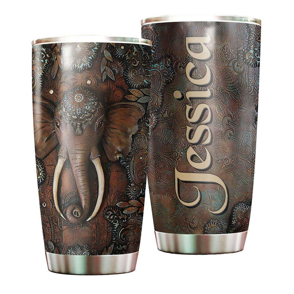 Camellia Personalized Mandala Elephant Stainless Steel Tumbler-Sweat-Proof Double Wall Travel Cup With Lid