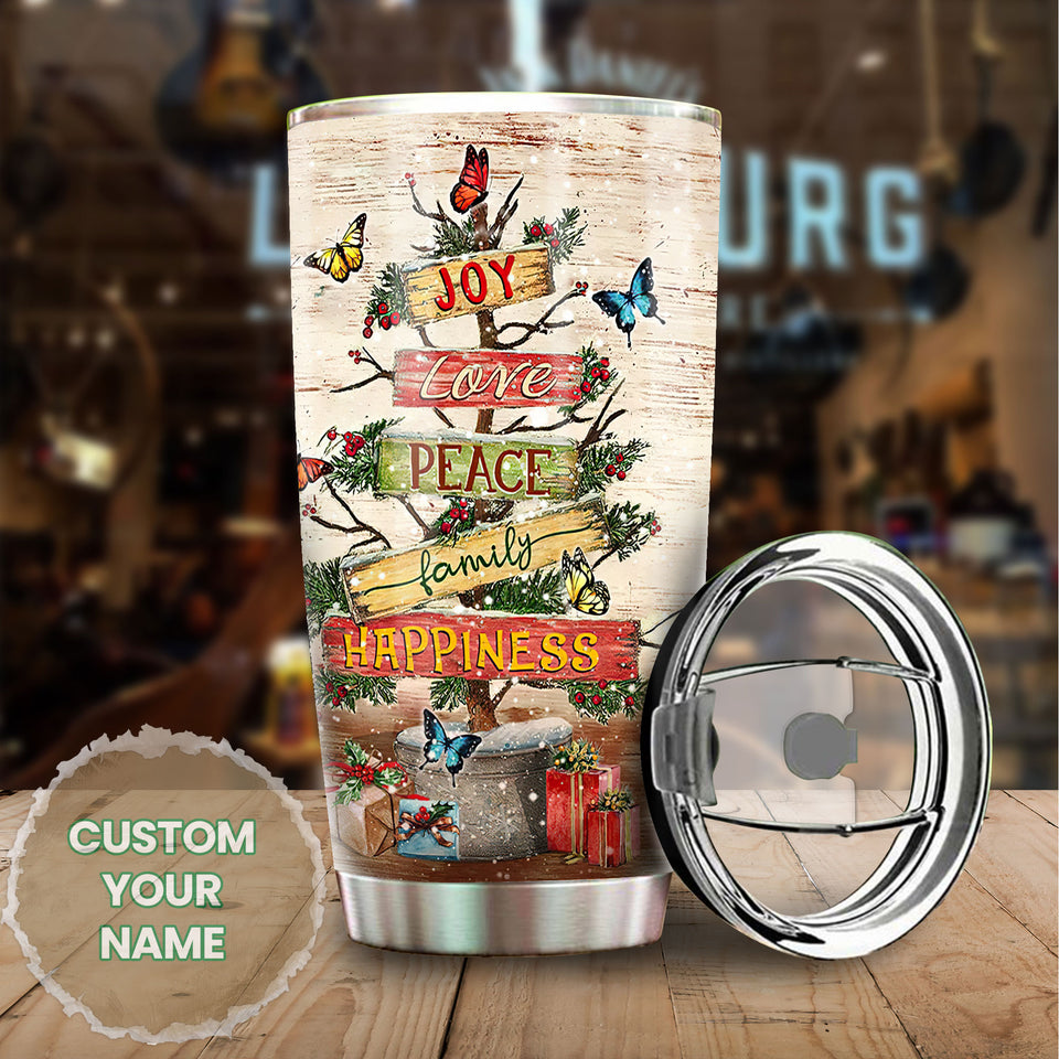 Camellia Personalized Christmas Tree Joy Love Peace Family Happiness Stainless Steel Tumbler - Customized Double-Walled Insulation Travel Thermal Cup With Lid