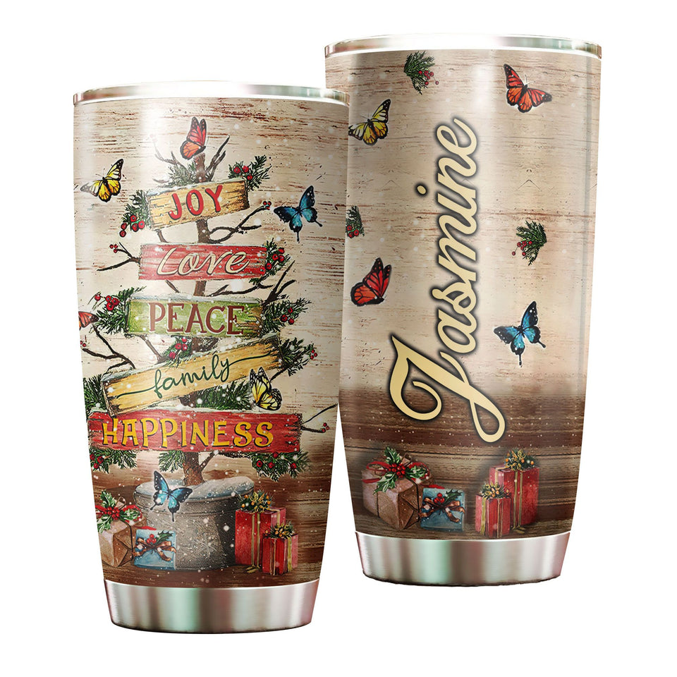 Camellia Personalized Christmas Tree Joy Love Peace Family Happiness Stainless Steel Tumbler - Customized Double-Walled Insulation Travel Thermal Cup With Lid