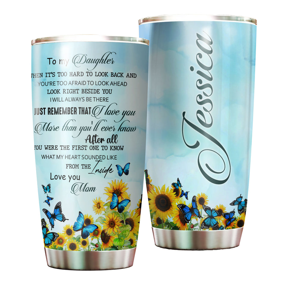 Camellia Personalized Blue Butterfly Mom To Daughter Stainless Steel Tumbler - Double-Walled Insulation Vacumm Flask - For Thanksgiving, Memorial Day, Daughter's Gift