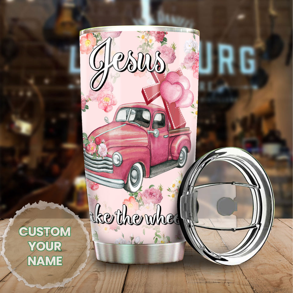 Camellia Personalized Faith Jesus Take The wheel Pink Car Stainless Steel Tumbler-Double-Walled Insulation Travel Cup With Lid