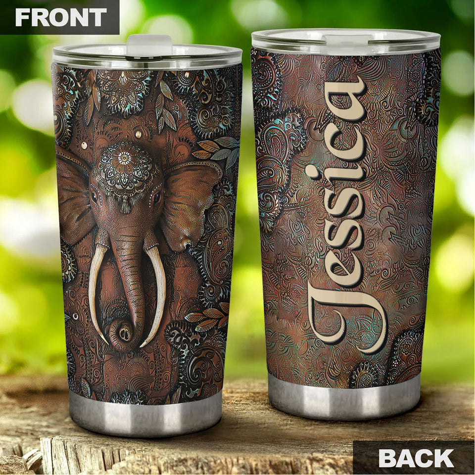 Camellia Personalized Mandala Elephant Stainless Steel Tumbler-Sweat-Proof Double Wall Travel Cup With Lid