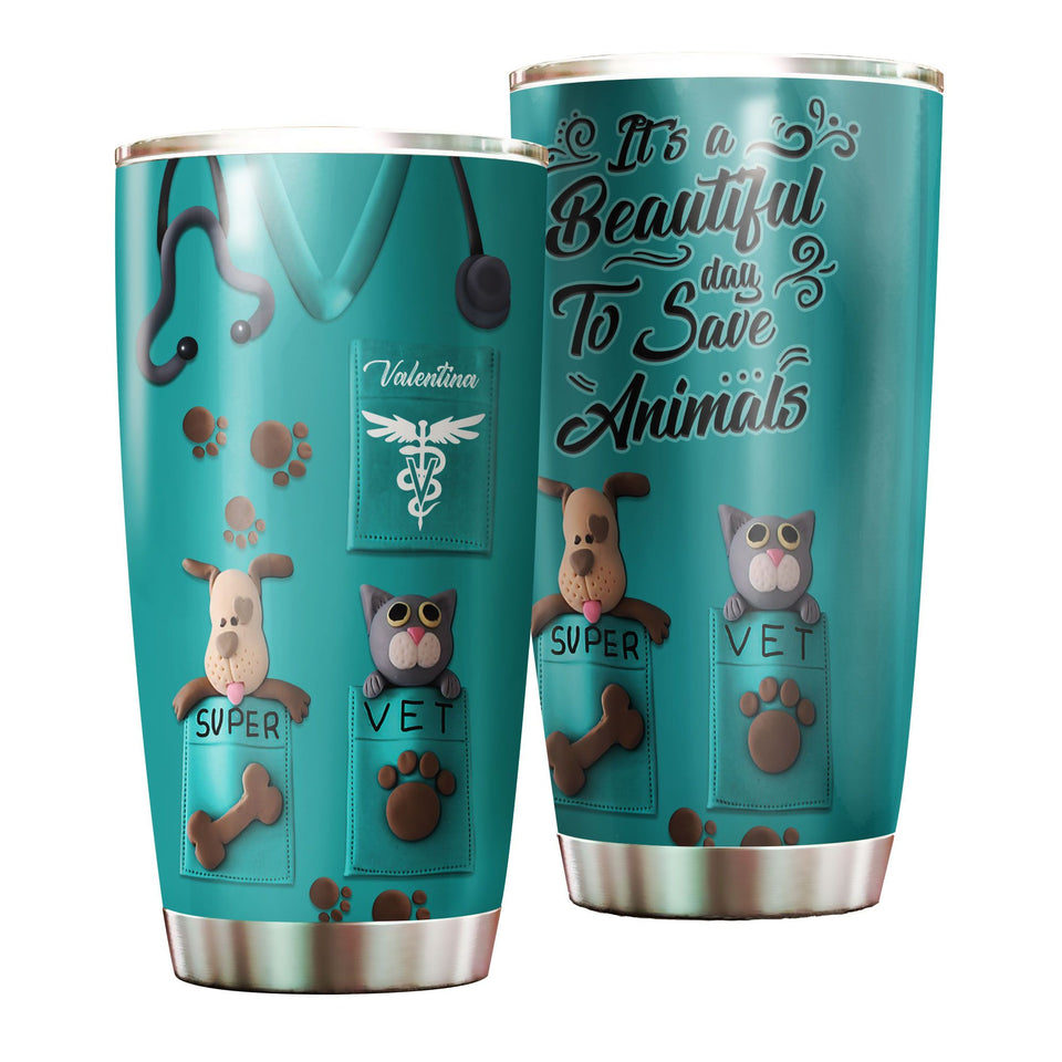 Camellia Personalized 3D Dog Cat Its A Beautiful Day To Save Animal Stainless Steel Tumbler - Customized Double-Walled Insulation Travel Thermal Cup With Lid Gift For Veterinian