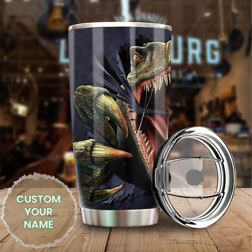 Camellia Personalized 3D Angry Dinosaur Stainless Steel Tumbler - Customized Double-Walled Insulation Travel Thermal Cup With Lid Gift For Dinosaur Lover