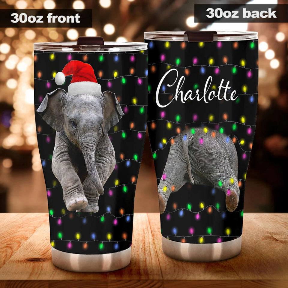 Camellia Personalized Baby Elephant Wear Chirstmas Hat Polka Dots Style Stainless Steel Tumbler-Double-Walled Travel Therma Cup With Lid