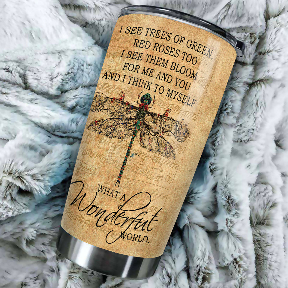 Camellia Personalized Dragonfly What A Wonderful World Stainless Steel Tumbler-Double-Walled Travel Therma Cup With Lid
