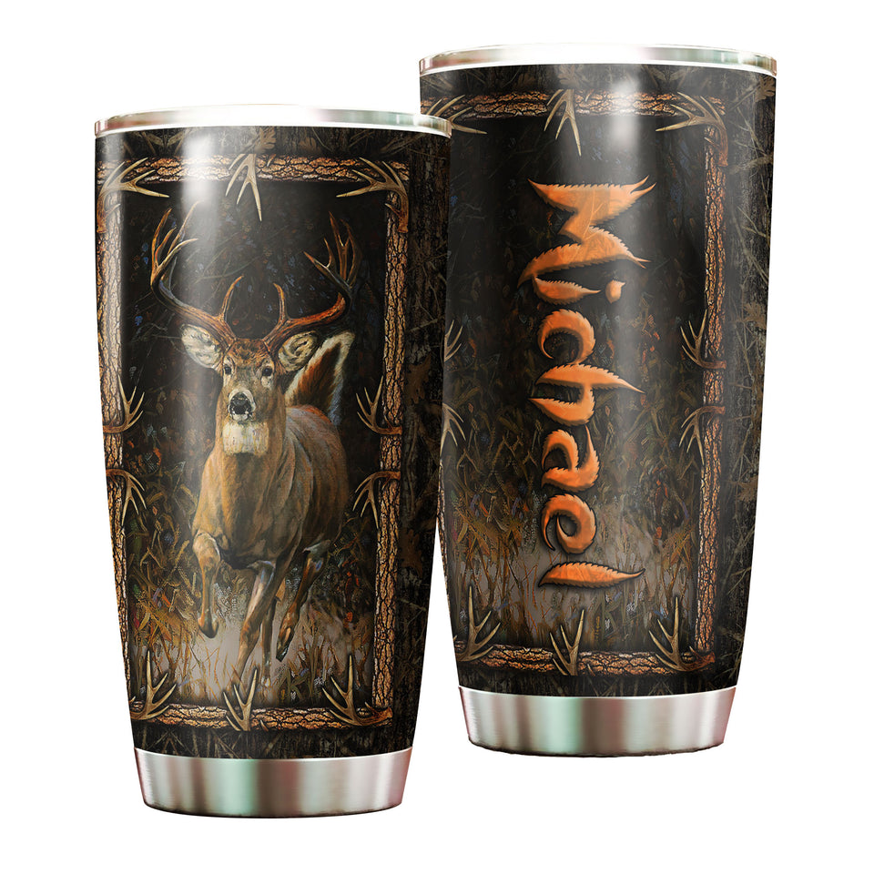 Camellia Personalized 3D Deer Hunting Forest Stainless Steel Tumbler - Customized Double-Walled Insulation Travel Thermal Cup With Lid Gift For Deer Lover